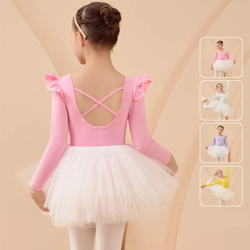 

Балетные трико для маленьких девочек с пачкой, 4 слоя, многоуровневые танцевальные костюмы балерины с длинными рукавами, платье принцессы, гимнастическая пачка
