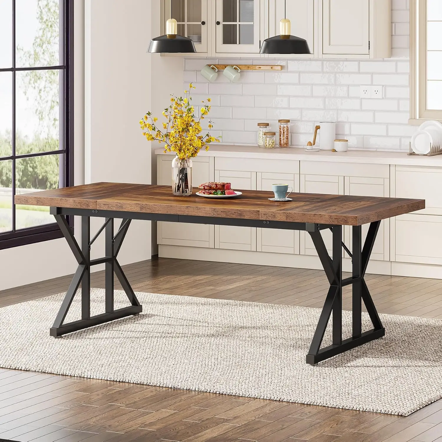 Rectangular Wood Dining Table, Rustic Kitchen Table with Heavy Duty Metal Legs for Dining Room