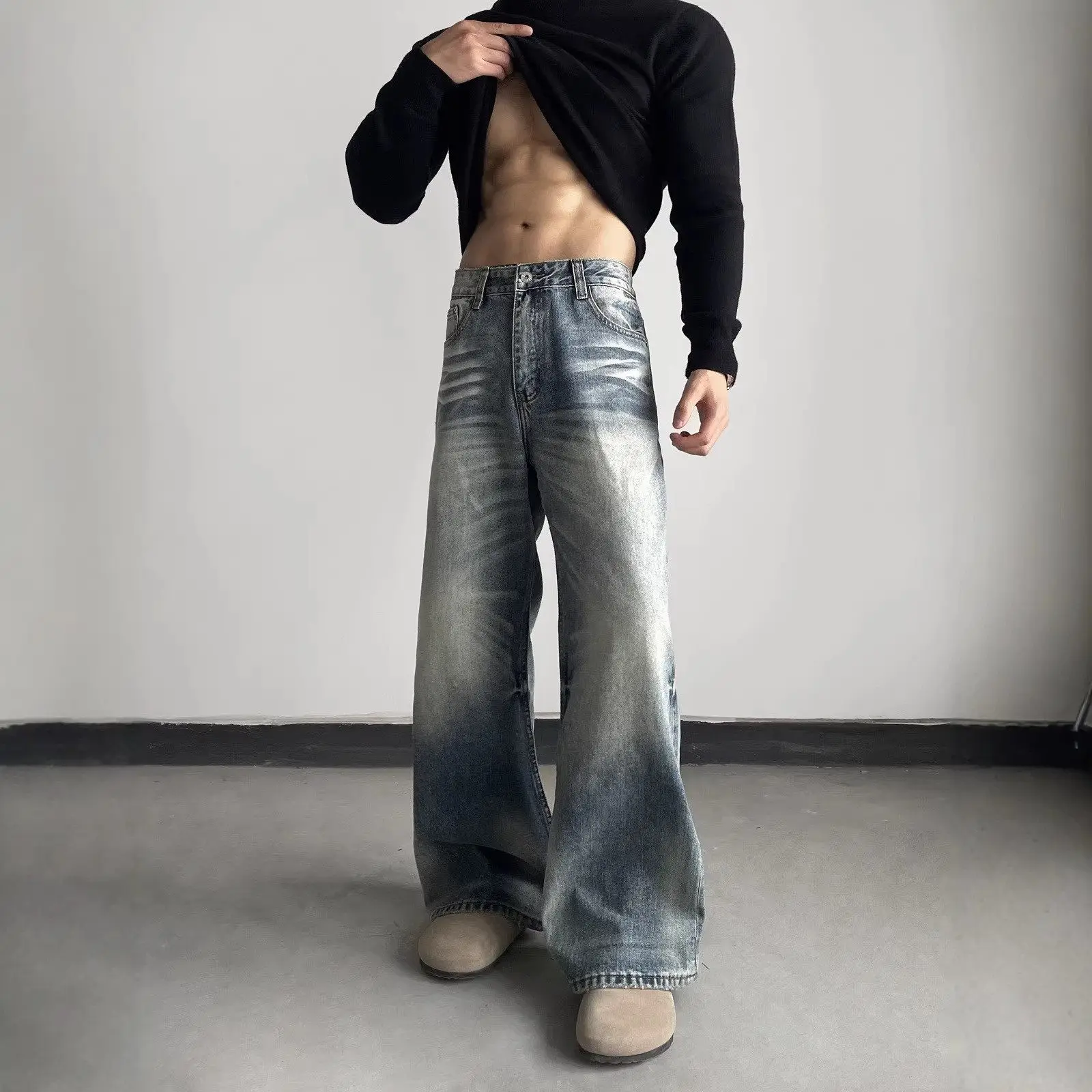 

Washed Vintage Jeans A-Line Straight Leg CleanFit Casual Trousers mid Waist No Brand Street Style Non-Iron Treatment