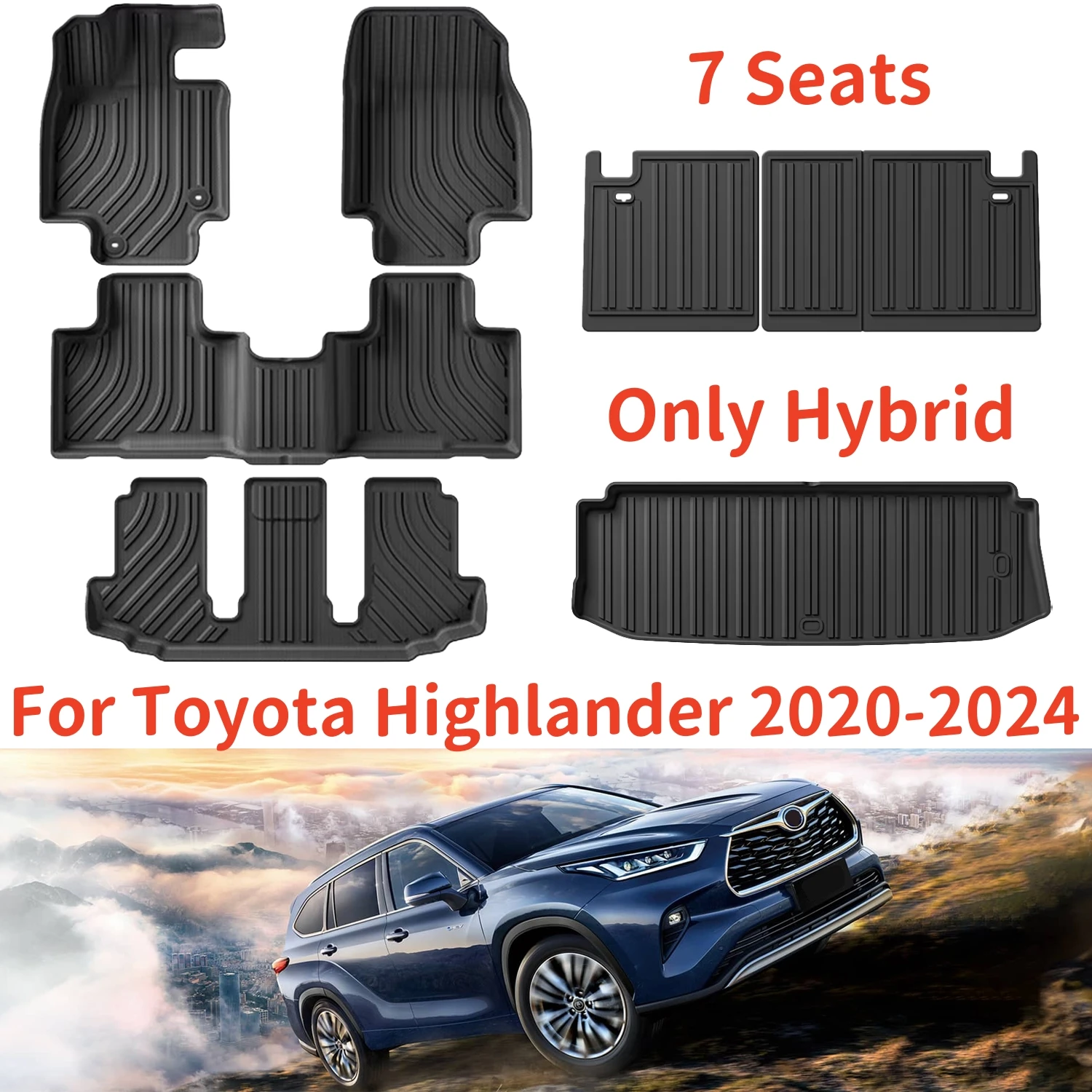 

For Toyota Highlander Hybrid 2020-2024 7 Seats TPE Floor Mats, All Weather Full Set Cargo Liners, Trunk Mats and Backrest Mats