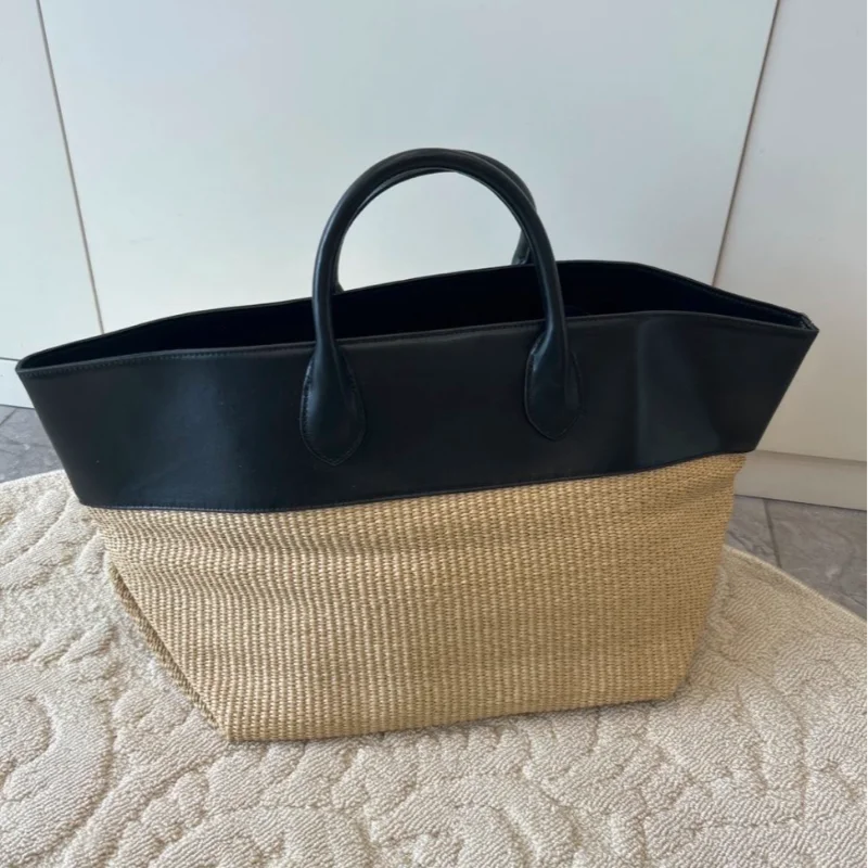 Luxury Knit Straw Tote Bag Summer Women Large Capacity Beach Vacation Handbag Stitch Contrast Color Woven Leather Shoulder Bag