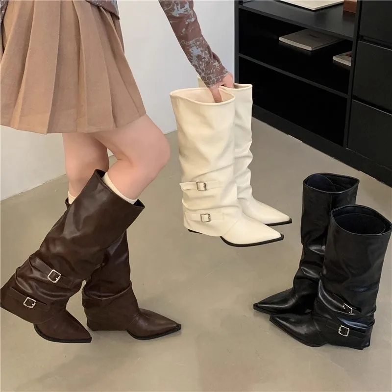 Botas Altas hasta la Rodilla para Mujer Punta Fina Caña Ancha Doble Hebilla Tacón Ancho Estilo Arrugado Botas Largas de Cuero Sintético Sin Cremallera Calzado de Moda Otoño Invierno Elegantes