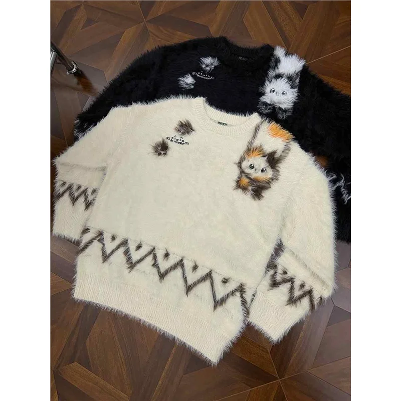 

Мужской вязаный свитер на осень-зиму: мягкий, с искусственным мехом, свободного кроя, с узором Fair Isle, теплый и уютный трикотаж