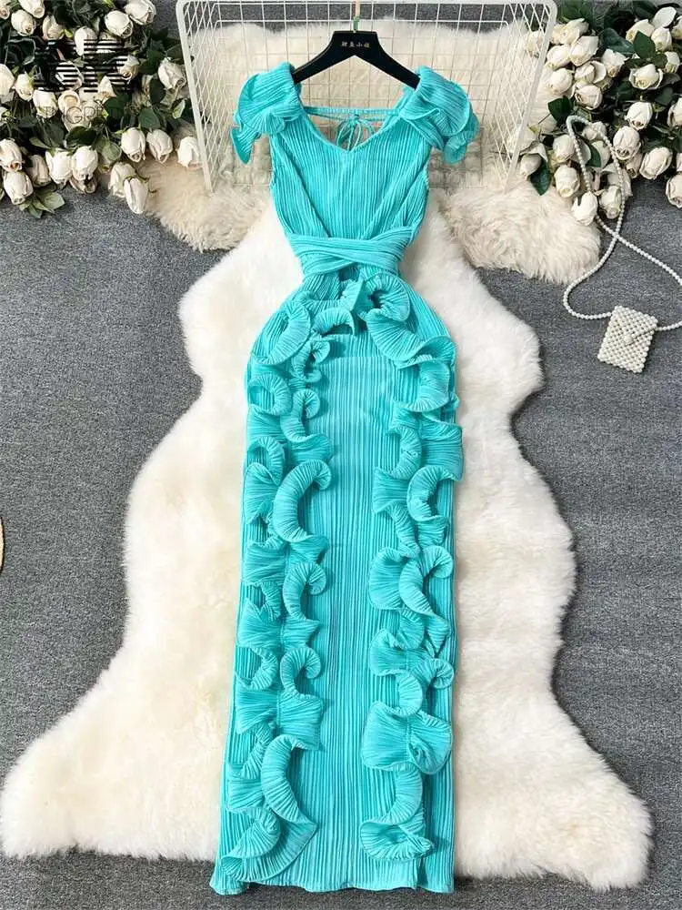 

BabYoung Ruffles Sleeveless Maxi Dress Women Solid O Neck Elastic Waist Fashion 2024 Ladies Summer Slim Evening Dresses