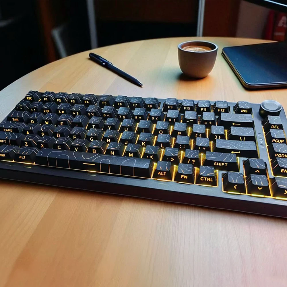 Black Contour Lines Keycaps 97/133 Keys Side-lit Purple Blue Green White Key Caps for 60% 75% 96% 100% Mechanical Keyboard