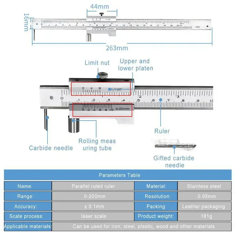 With Carbide Scriber Parallel Marking Gauging Ruler Measuring Instrument Tool Send 1ps Needle 0-200mm Marking Vernier Caliper