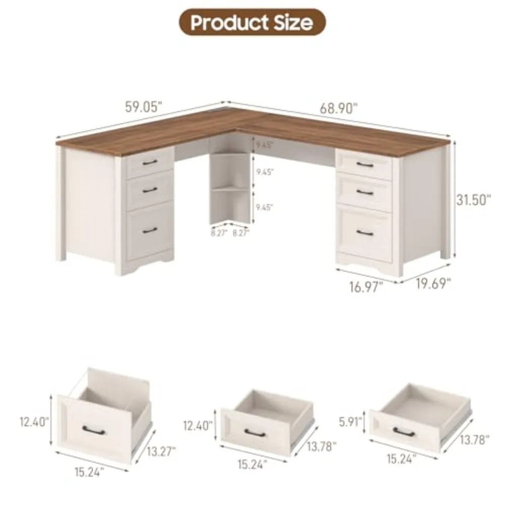 Wood L Shaped Executive Desk with 6 Drawers, Farmhouse Home Office Desk with Power Outlets and Triangle Under-Desk
