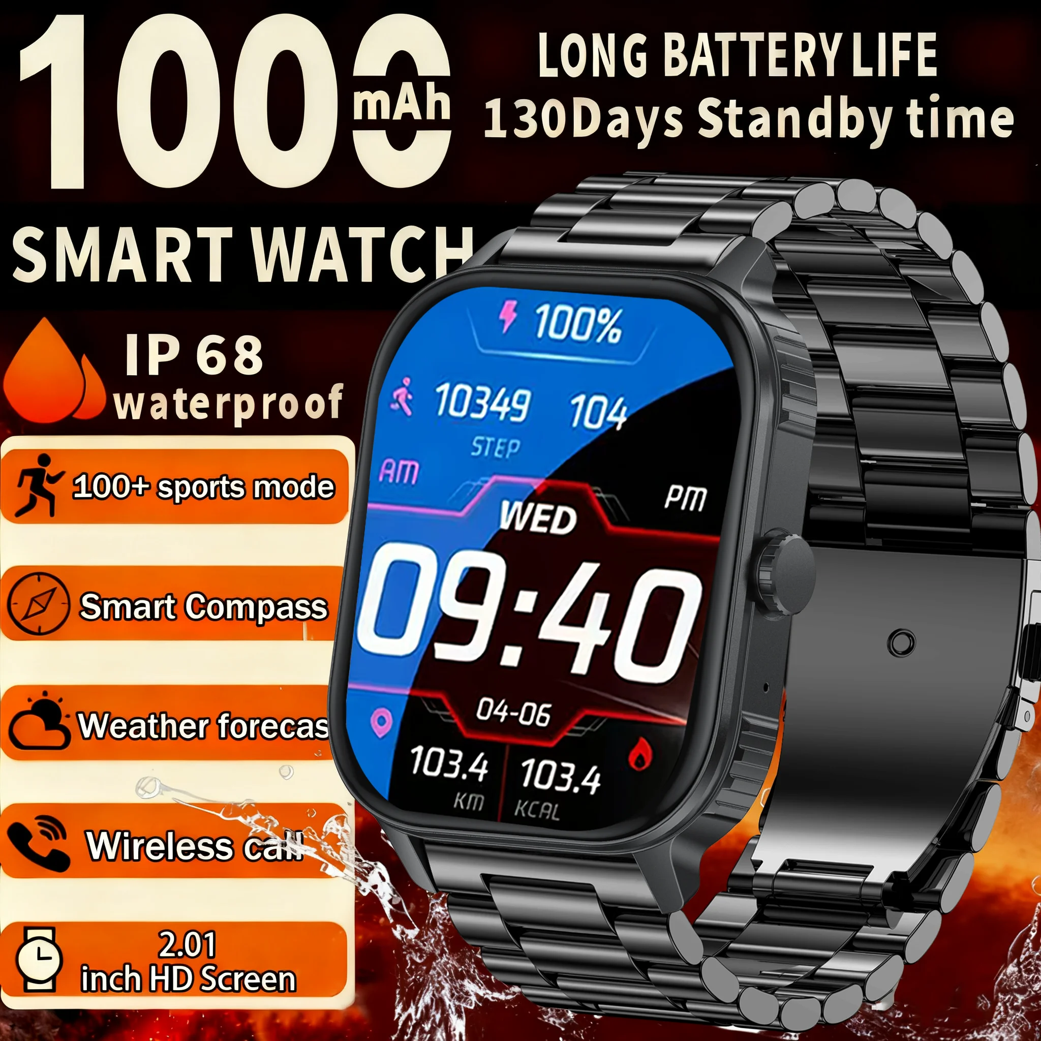 

2025 1000mAh Super Capacity Battery Adult Men Smart Watch 2.1-inch Large Screen Bluetooth Call IP68 Waterproof SmartWatch Sports