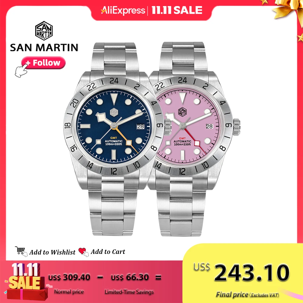 San Martin 39mm relojes de lujo para parejas NH34 GMT 316L acero inoxidable reloj mecánico automático para hombres regalo para novio zafiro
