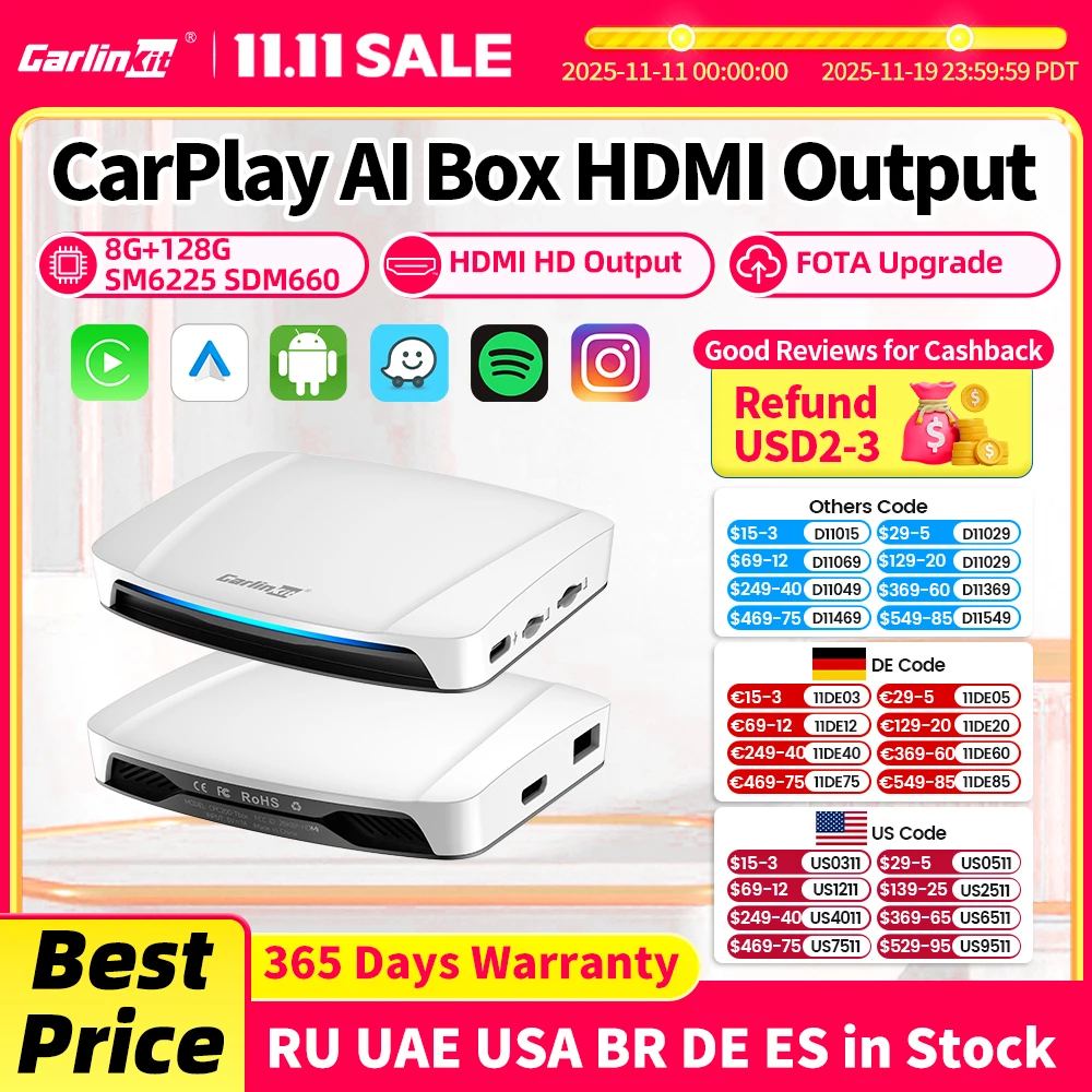 2025 CarlinKit HDMI Video Output Android 13 CarPlay AI Box SM6225 8-Core Android Auto Wireless CarPlay Split Screen Smart TV Box