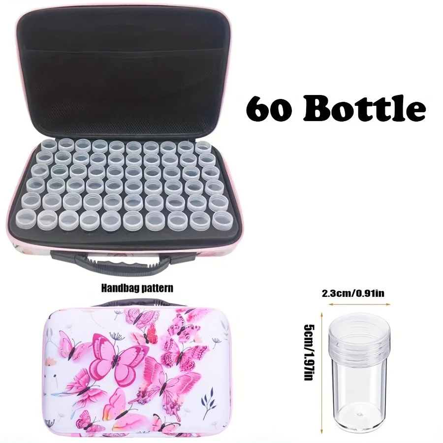 60 Slots 1 Set Butterfly Pattern Tote Bag for Diamond Arts, Crafts, Jewelry, Beads with Round Bottle Cosmetic Storage Container