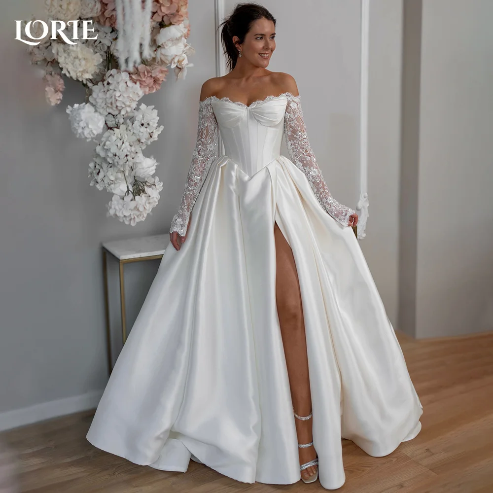 

LORIE Vintage Lace Wedding Dresses Pure Pleats Off Shoulder Side Slit Bridal Gown Backless Princess Appliques Bride Customized