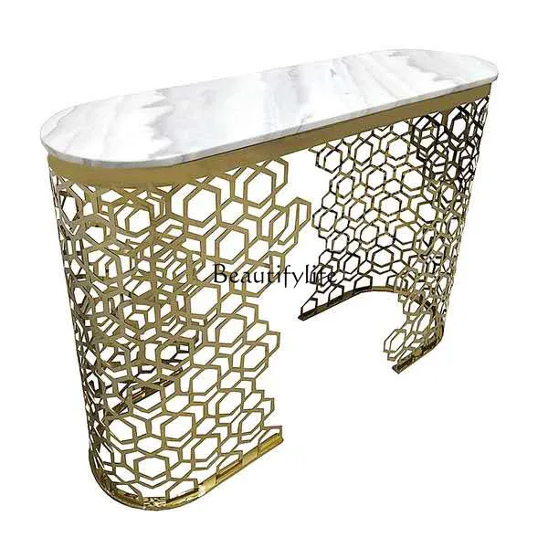 

Light Luxury Stainless Steel Hollow End View Table Modern Minimalist Corridor Wall-Mounted Marble Gold Art Entrance Table