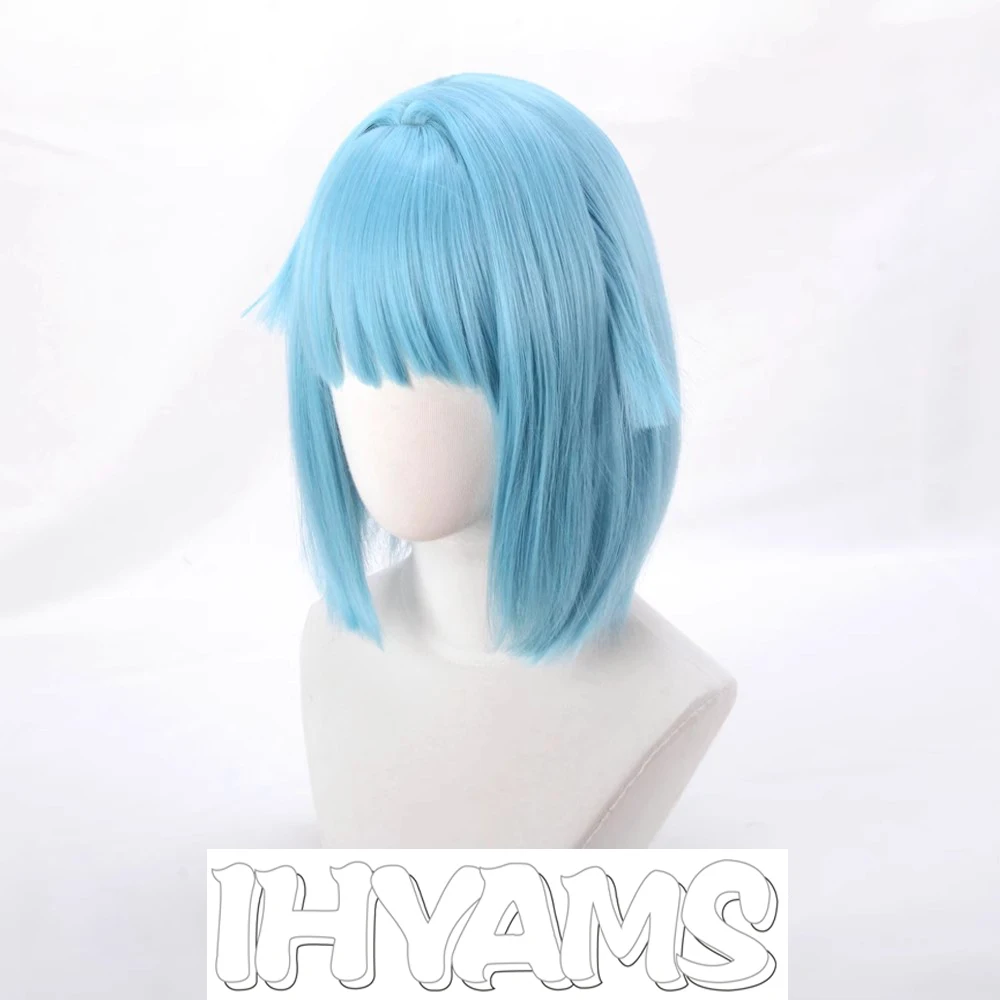 Peluca de Cosplay ES Shino Hajime, pelucas cortas de cuero cabelludo simulado azul hielo de 35cm, pelo sintético resistente al calor