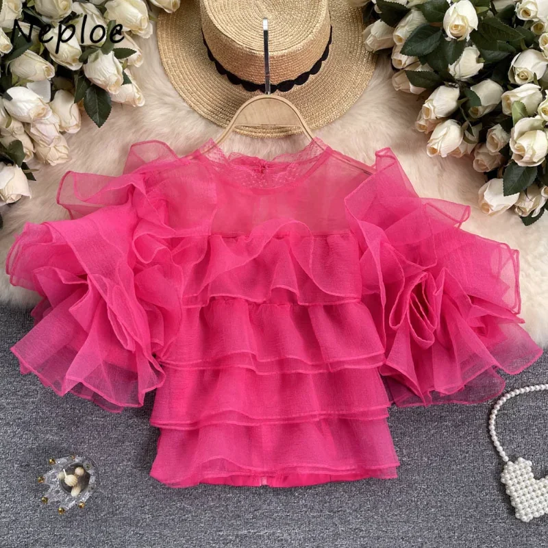 Neploe Chic Fairy Mesh Ruffle Edge Puff Sleeve Shirt 2024 Summer New Unique Foreign Chiffon Blouses Femme Sweet Gentle Blusas