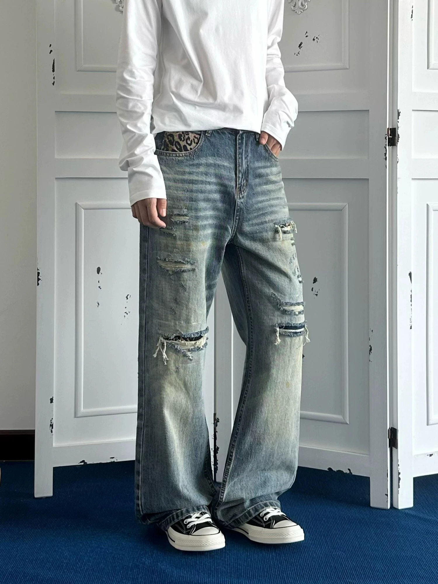 Men's Vintage Wide Leg Jeans Leopard Print Patchwork Hole Straight Leg Denim Pants Autumn American Street Style Loose Fit