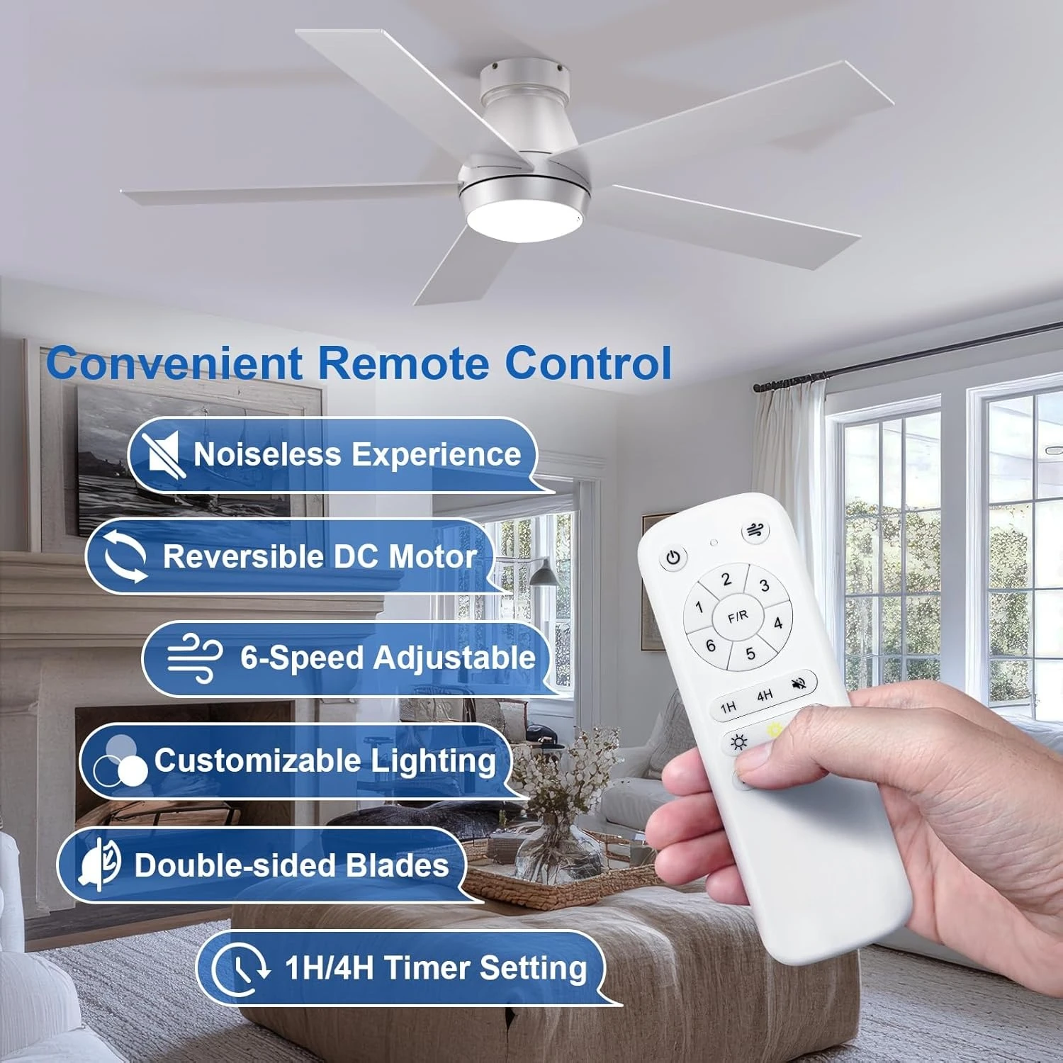 

52" Ceiling Fan with Lights, Silver Flush Mount, 5 Blade Low Profile, 6 Speeds DC Reversible, Dimmable, Modern for Bedroom