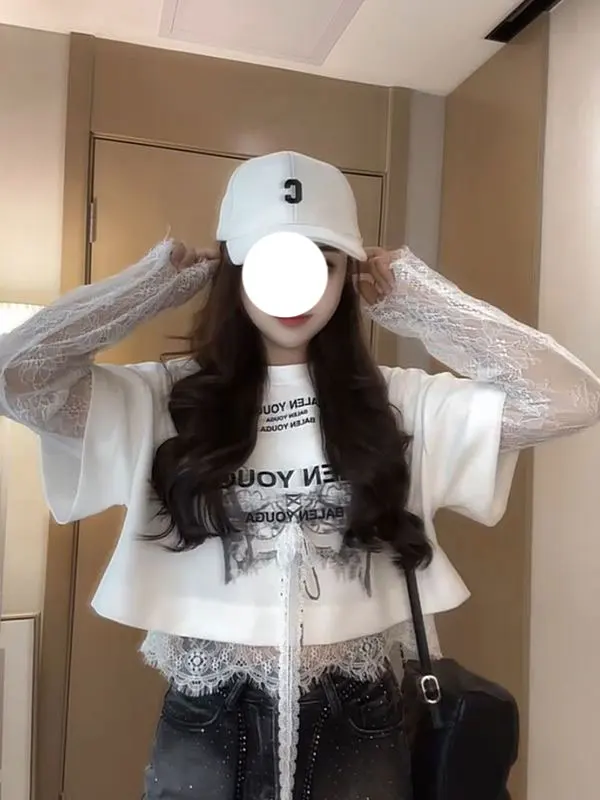 

Ele Lace Splice Loose Fit Printed T-irt Women's Summer New Sle Faionable Slimming Fake Two-Piece Top round Ne Lon...