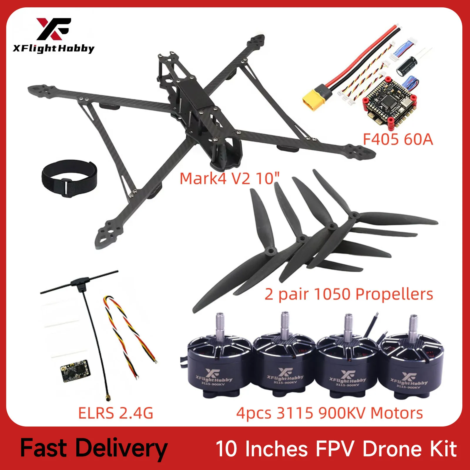

Mark4 V2 10 Inches FPV Drone Kit with 427mm Frame 3115 900KV Motors 1050-3 Blade Propellers F405 V3 60A Stack 2.4G ELRS for DIY