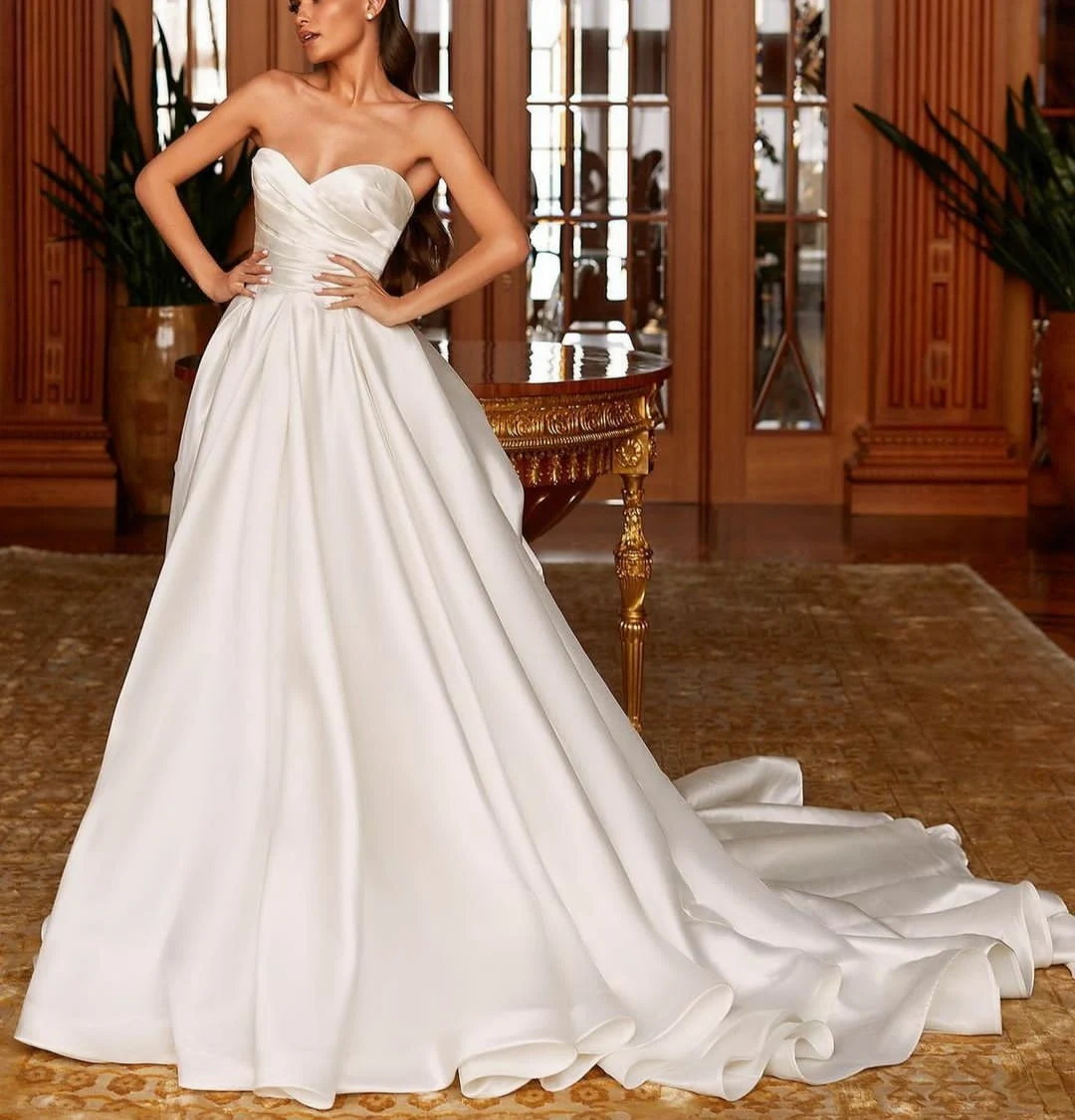 Vestido de Novia largo de satén con cuello en V, traje elegante con lazo en la espalda, personalizado a las medidas