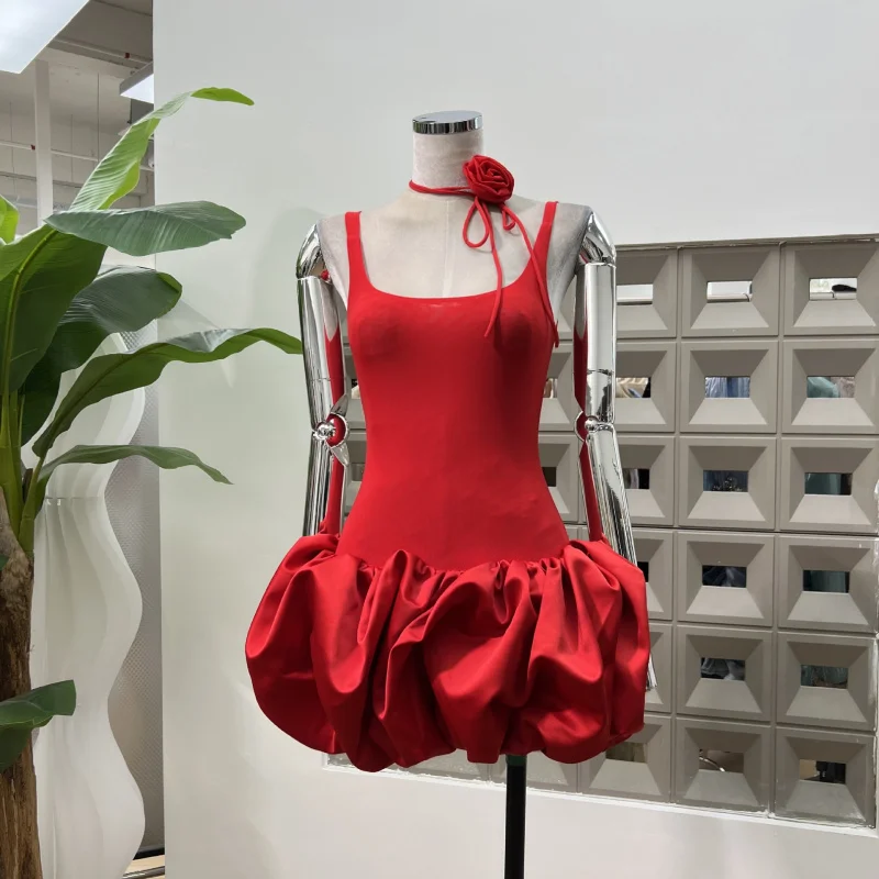 

Japanese Style Super Beautiful Ball Charming Slightly Sheer Cloud Skirt Low-Cut Sexy Tank Top Short Puffy Dress