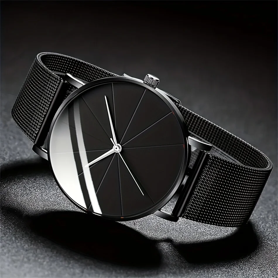 3pcs/set, Men's Business Ultra-thin Mesh Band Quartz Watch & Bracelet Cross Necklace Set