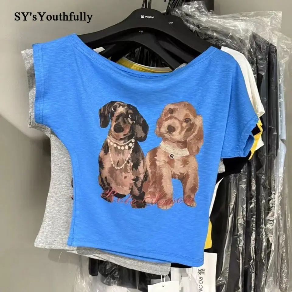 

SY'sYouthfully футболки с разрезом на шее и героями мультфильмов, женские тонкие топы с короткими рукавами, летние тонкие топы с косым воротником в корейском стиле с принтом