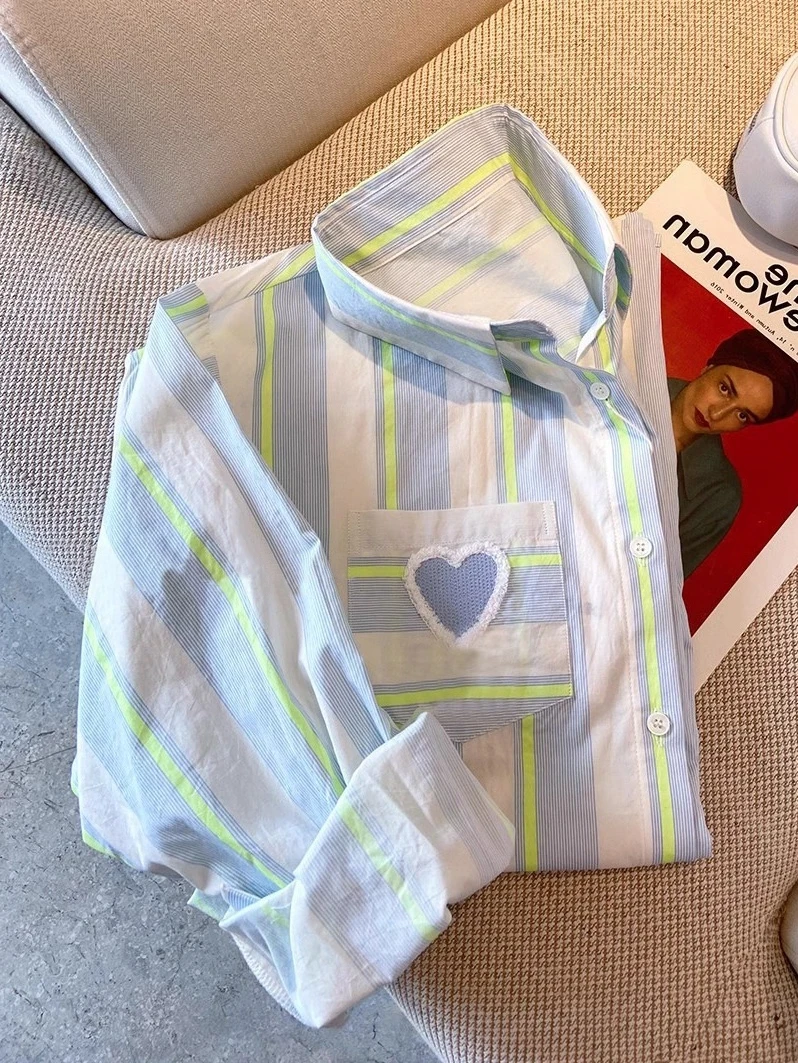 

Летняя длинная полосатая рубашка-блузка в стиле casual, модная, омолаживающая, с защитой от солнца, с воротником