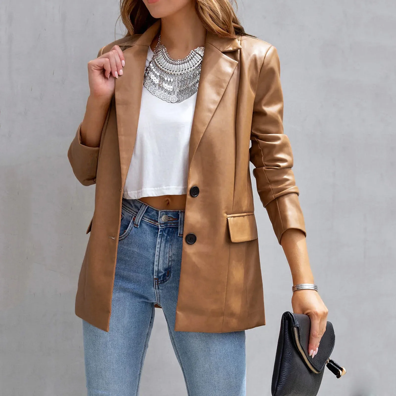 Women\'s Blazers Coats Tunic Leather Lapel Spring Autumn Chic Loose Fashion Lady Vintage Elegant Jacket Daily Wear Streetwear