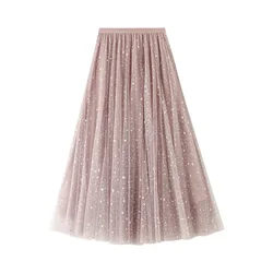 Women Starry Sky Mesh Tutu Skirts Sequin Glitter Layered Tulle A-Line Chic Elegant Puffy Mid Length SkirtStreetwear