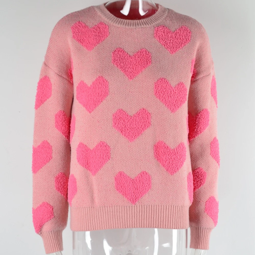 

Women Knitted Pullovers Sweaters Print Jumpers Heart Round Neck Long Sleeves Loose Fit Casual Valentine's Day 2025 Autumn Winter