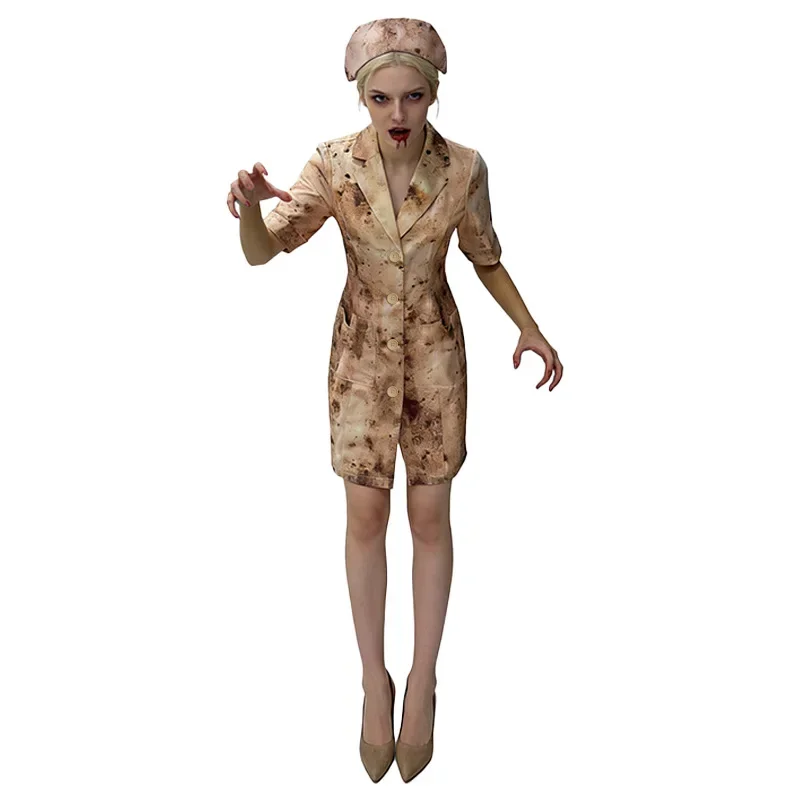Disfraz de cosplay de la película «Return to Silent Hill», con diseño de enfermera zombi aterradora, ideal para fiestas de Halloween.