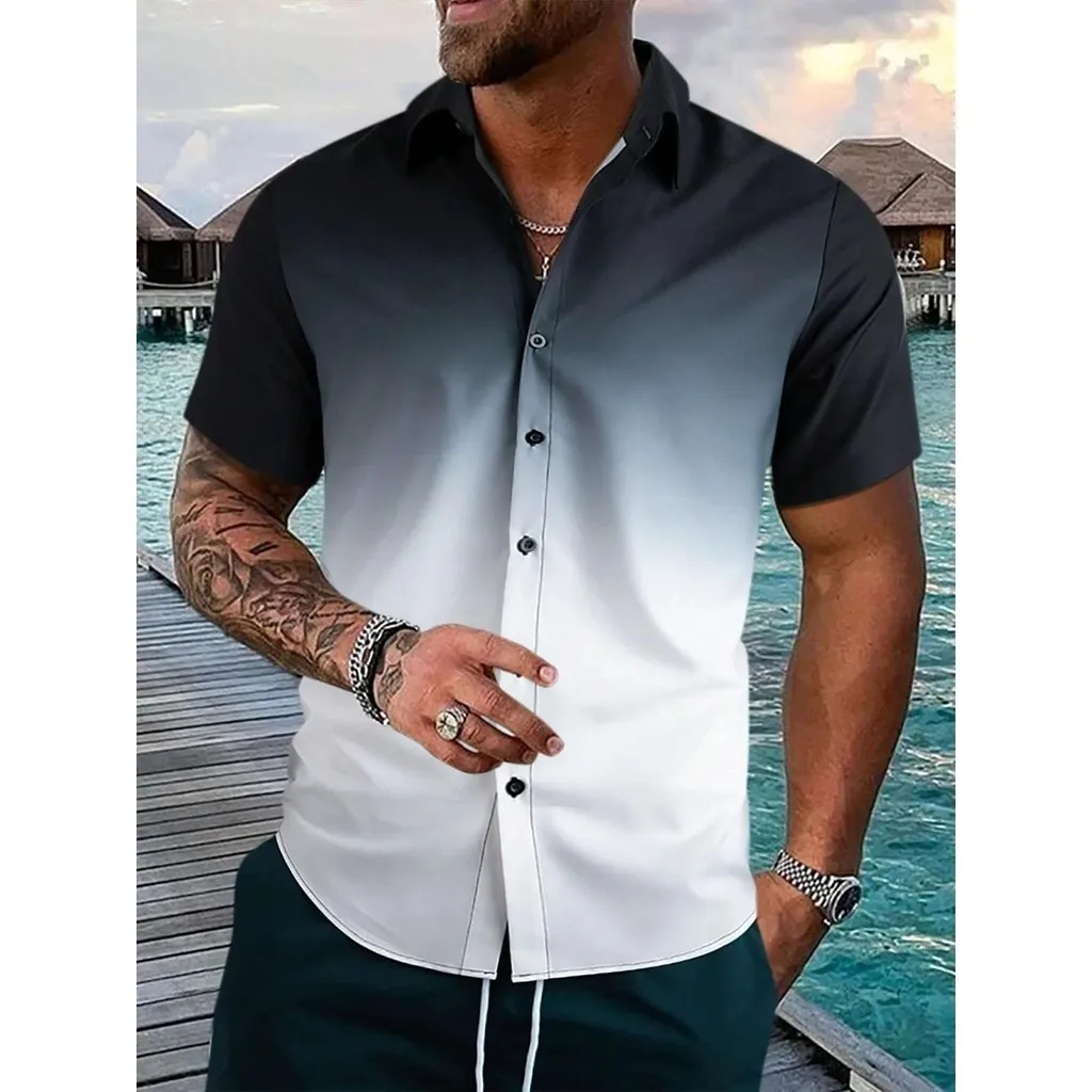 

2024 Men's shirt Summer simple gradient pattern shirt Men's short sleeved shirt Street loose casual Hawaiian shirt