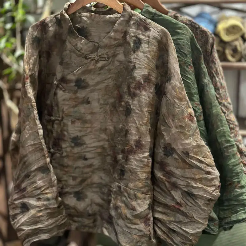 

Новое поступление, весна-лето, художественный стиль, женская свободная рубашка с воротником-стойкой и длинным рукавом, винтажная блузка с пуговицами ручной работы, Рами