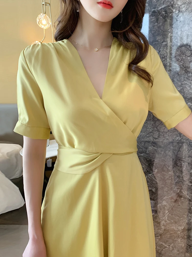 新着ファッションパーティードレス女性エレガントな夏の V ネックヴィンテージパフスリーブ気質 OL シンプルな固体スリム A ラインドレス