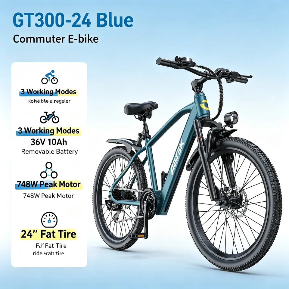 GT300‑24 Blue 24 Inch Adult Electric Bike 48V 23Ah Removable Lithium‑ion Battery Hydraulic Disc Brake Front Shock Absorber Smart LCD Display 3 Riding Modes City Commuter Mountain Ebike for Daily Travel Outdoor Recreation image 5