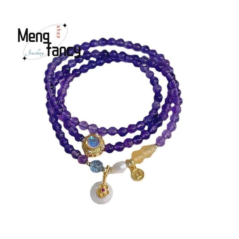 Natural Three Circle Amethyst Peace Button Small Flower Vintage String Bracelet Exquisite Elegant Sexy Young Girls Holiday Gifts