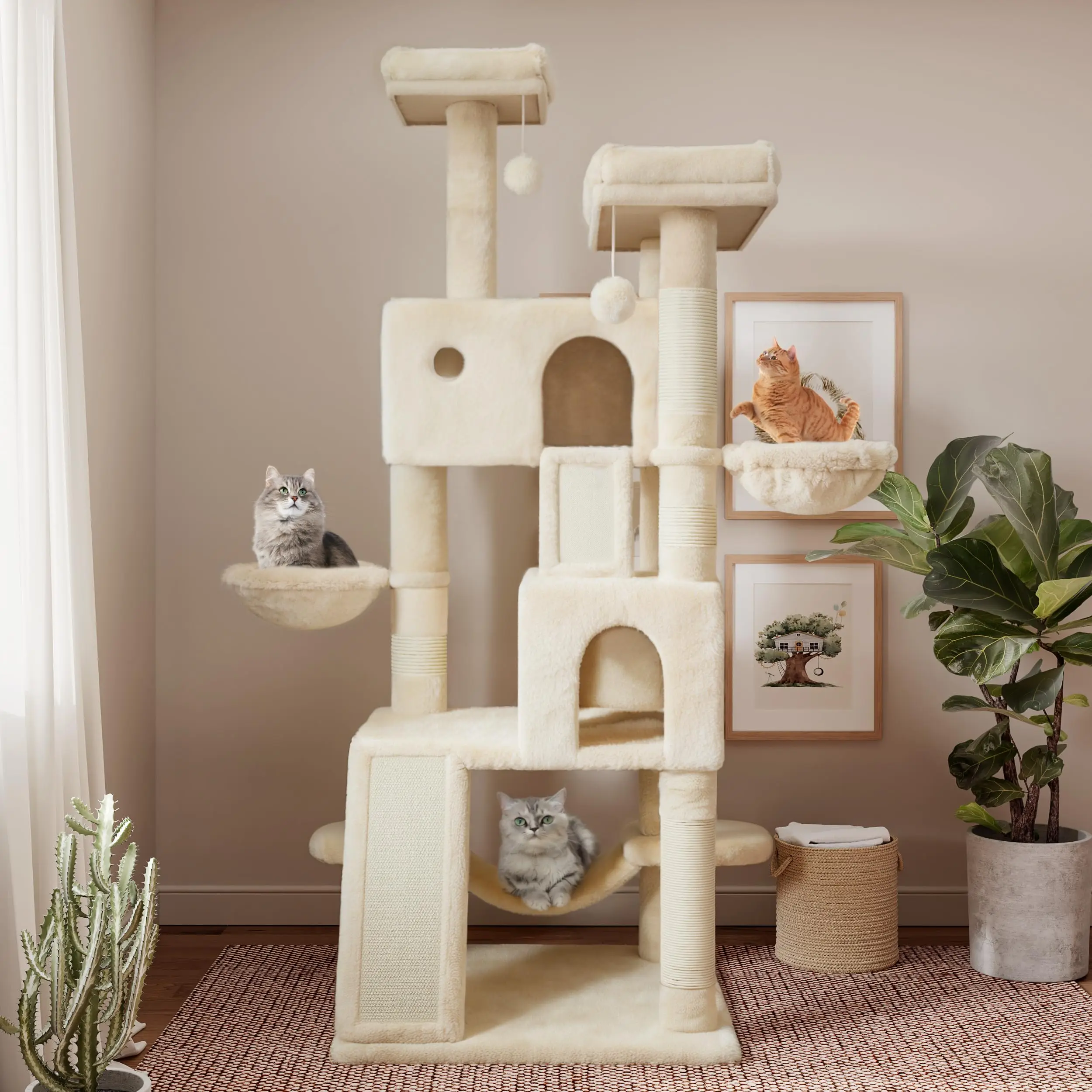65in Larger Cat Tree Tower Condo for Indoor Kitties/Multi-Level Furniture Activity Center with Wide Base/Cozy Plush Cat