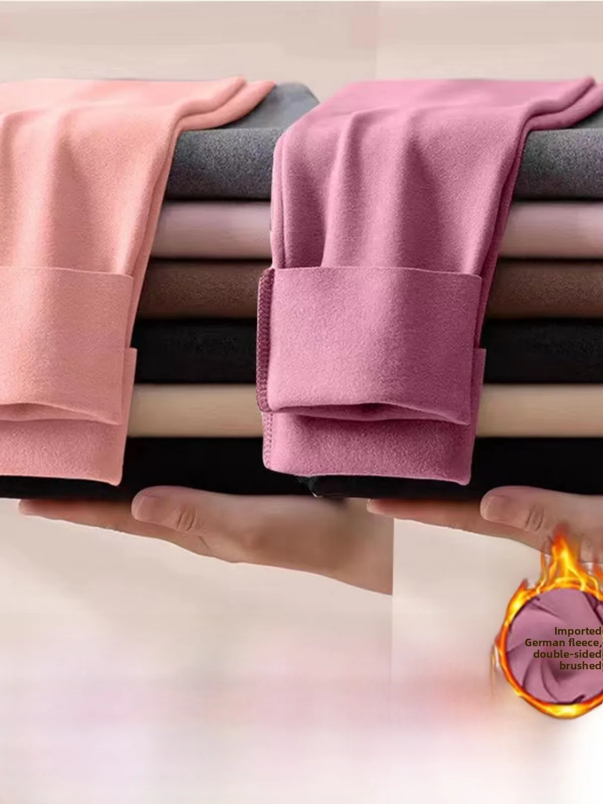Women's Autumn Winter Thermal Double-sided German Velvet Thin High-waist Anti-cold Seamless Base Layer Pants Polyester Fiber