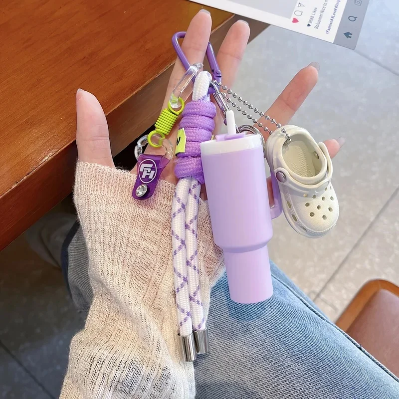 Creative Storage Water Cup Shape Keychain Set Anti Loss Colorful Braided Rope Mini Shoe Charm Bag Accessory