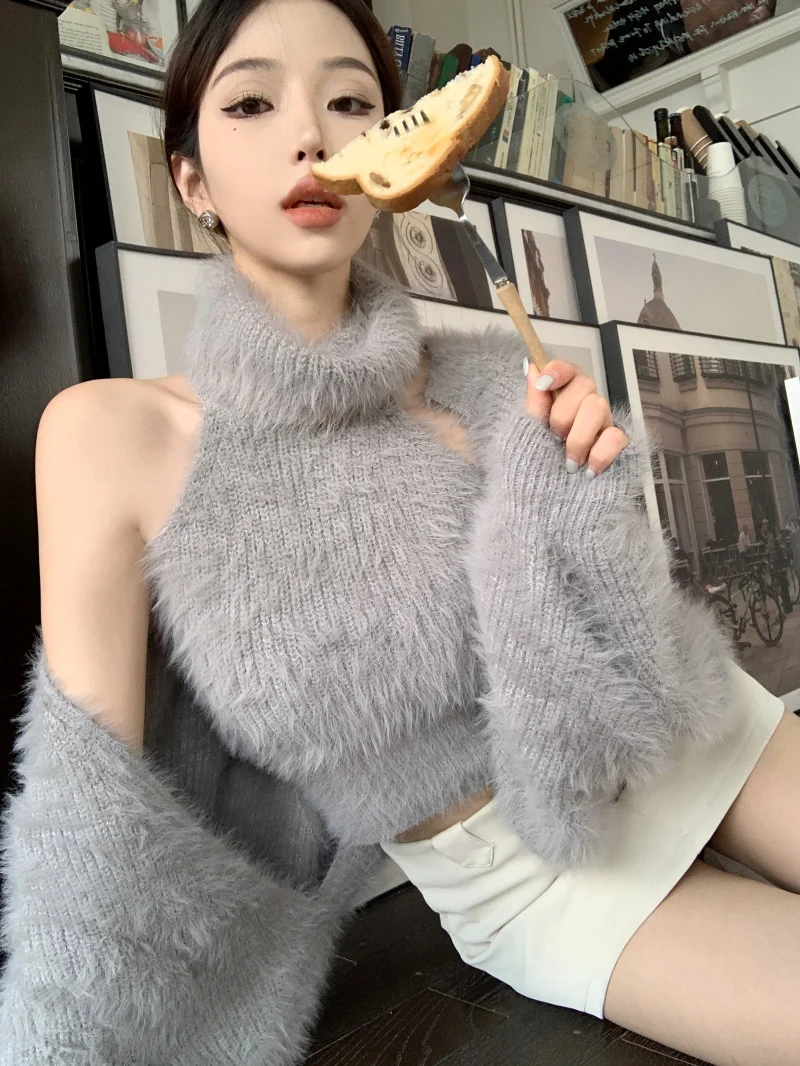 Pure Desire Sle Set Plush Sleeveless Turtleneck sweater Vest Women Autumn Long sleeve Cardigan Outerwear Gray Two-piece Set