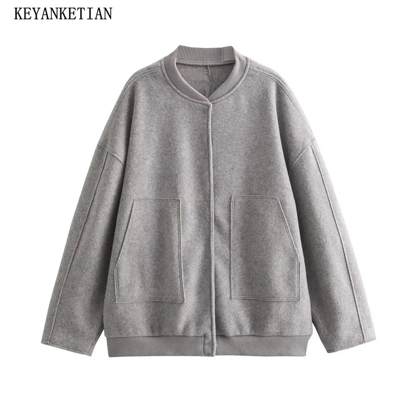 

KEYANKETIAN Autumn New Women's Light Gray Loose Bomber woolen Jacket Cropped Coat Fashion Single Breasted Pockets Outerwear TOP