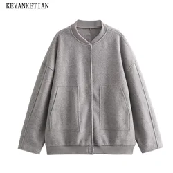 KEYANKETIAN Autumn New Women's Light Gray Loose Bomber woolen Jacket Cropped Coat Fashion Single Breasted Pockets Outerwear TOP