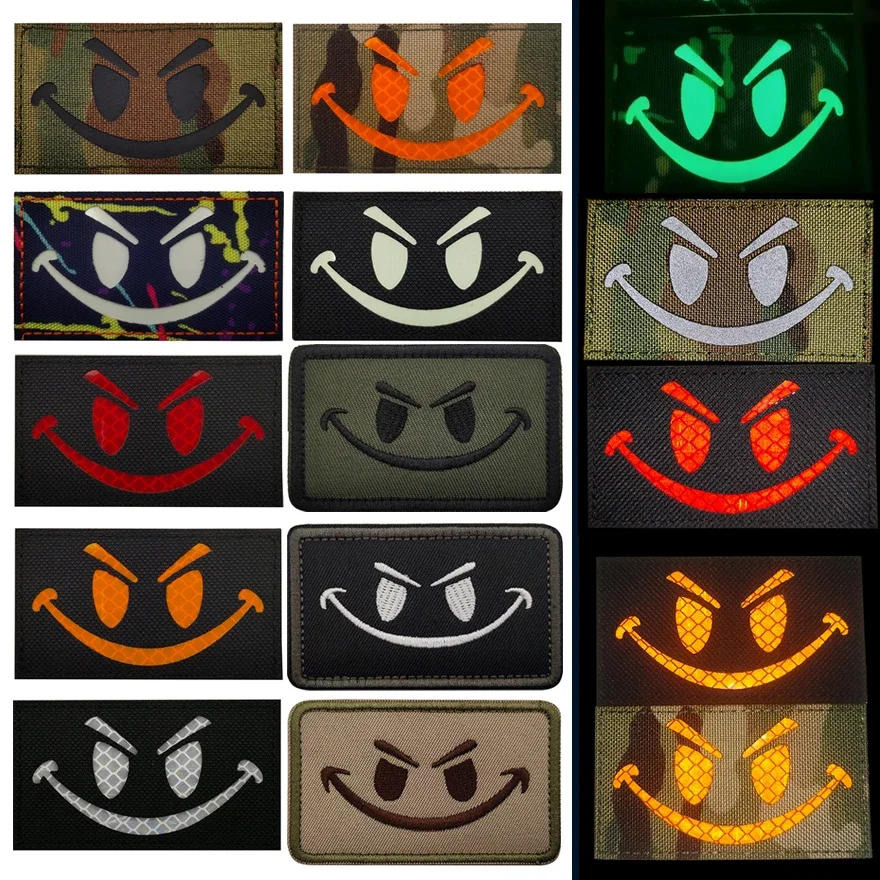 Multiple Choice Craft Friendly Evil Smile MEME Face Fabric Rubber Reflective Face Patch For Bag Hat Garment Stickers