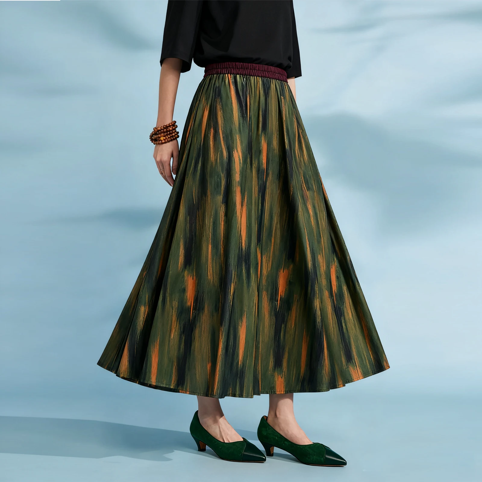 LI SILK CLOUD Gambiered Guangdong Silk Contrast Skirt Women's A-line High Waist Midi Skirt Vintage Chinese Style Breathable 2025
