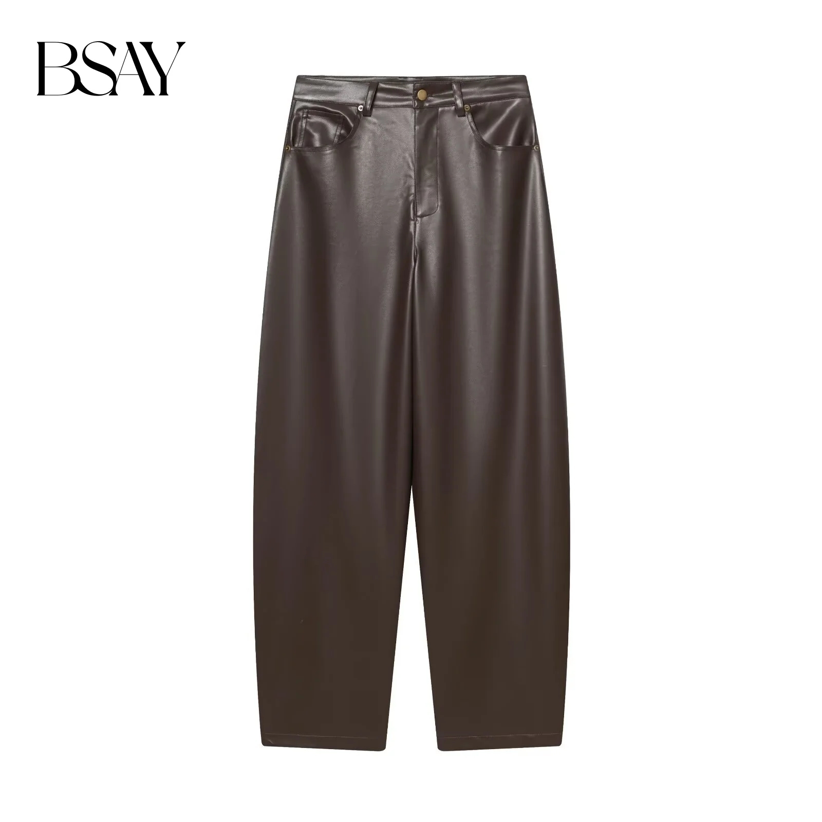 BSAY بالون نمط فو السراويل الجلدية النساء أزياء الخريف الشتاء جديد البني جيب شيك الإناث مرونة عالية الخصر السراويل