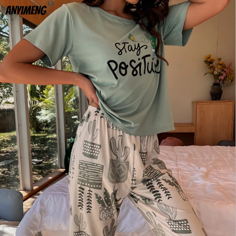 Women Capris Pajamas Set Summer Calf-length Pijamas Milk Silk Sleepwear Leisure Loungewear Chic Homewear Short Sleeves Nightwear