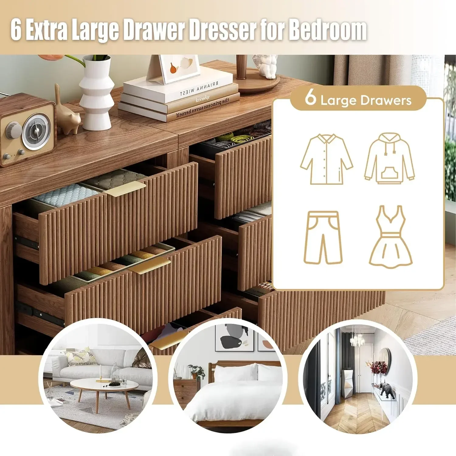 【期間限定セール！】 溝付きナイトスタンド2個セット、木製ファームハウスナイトスタンド、6つの引き出し付きベッドサイドテーブル