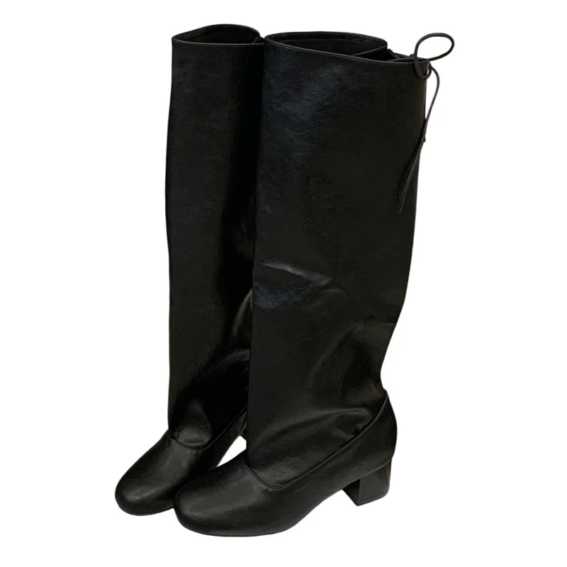 2027 New Winter Fashion Design Lace Up Round Toe Knee High Boots Woman Square Heels Long Booties Shoes Zapatos De Mujer