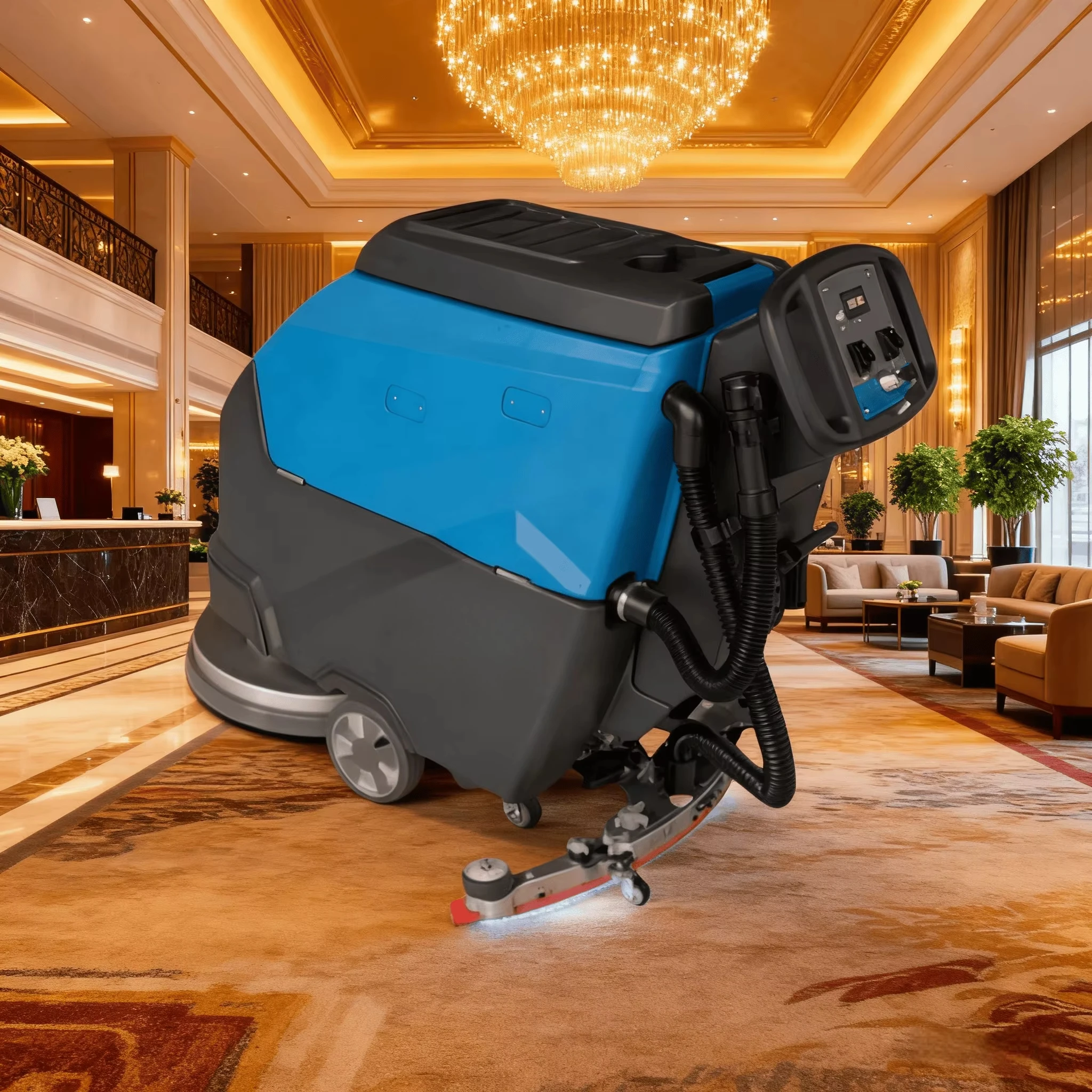 غسالة صناعية تعمل بالدفع يدويًا، منظف أرضيات تجاري، مصمم خصيصًا لتنظيف الأرضيات.